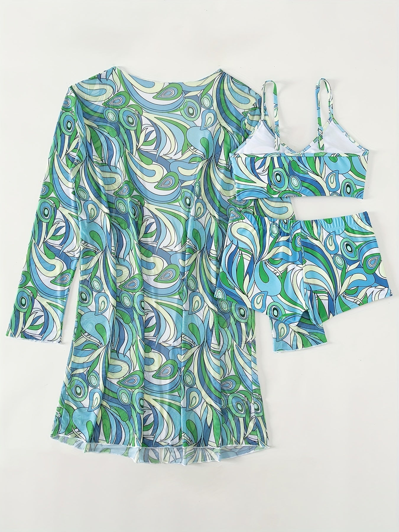 Stevvex Modern Geo 3-Piece bikini set with vibrant geometric print, V-neck top, boxer shorts bottoms, and long sleeve cover shirt.
