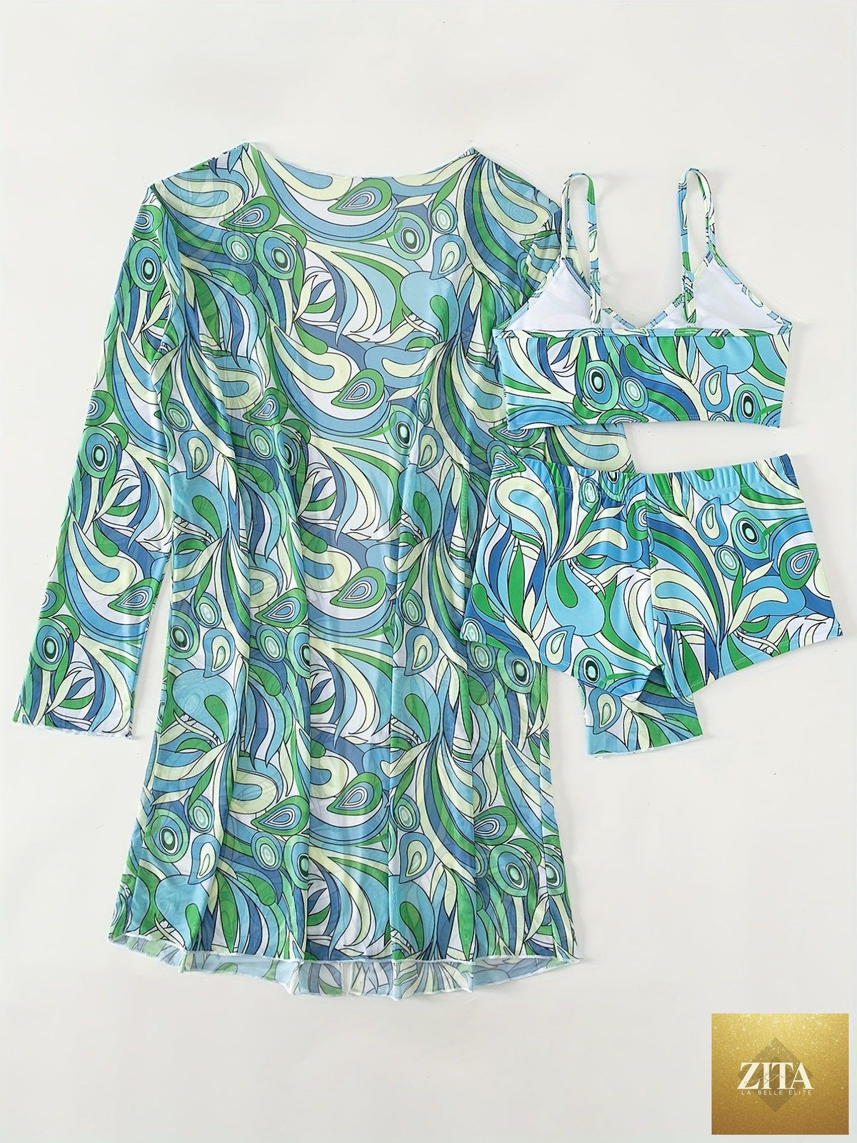 Stevvex Modern Geo 3-Piece bikini set with vibrant geometric print, V-neck top, boxer shorts bottoms, and long sleeve cover shirt.