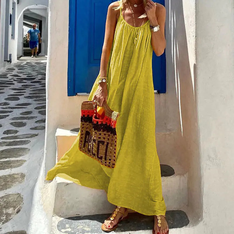 Halter cotton and linen women's dress with a flowy design, featuring a stylish neckline and lightweight fabric for summer wear.