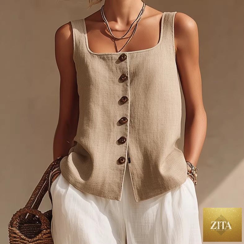Women's sleeveless cardigan and long pants set by Zita La Belle Elite, casualwear with front buttons, comfortable and stylish.