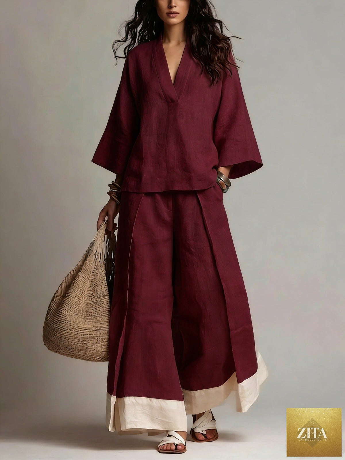 Women's cotton-linen V-neck 3/4 sleeve shirt and wide-leg pants set by FitiqueFit, featuring a relaxed fit and neutral tones.