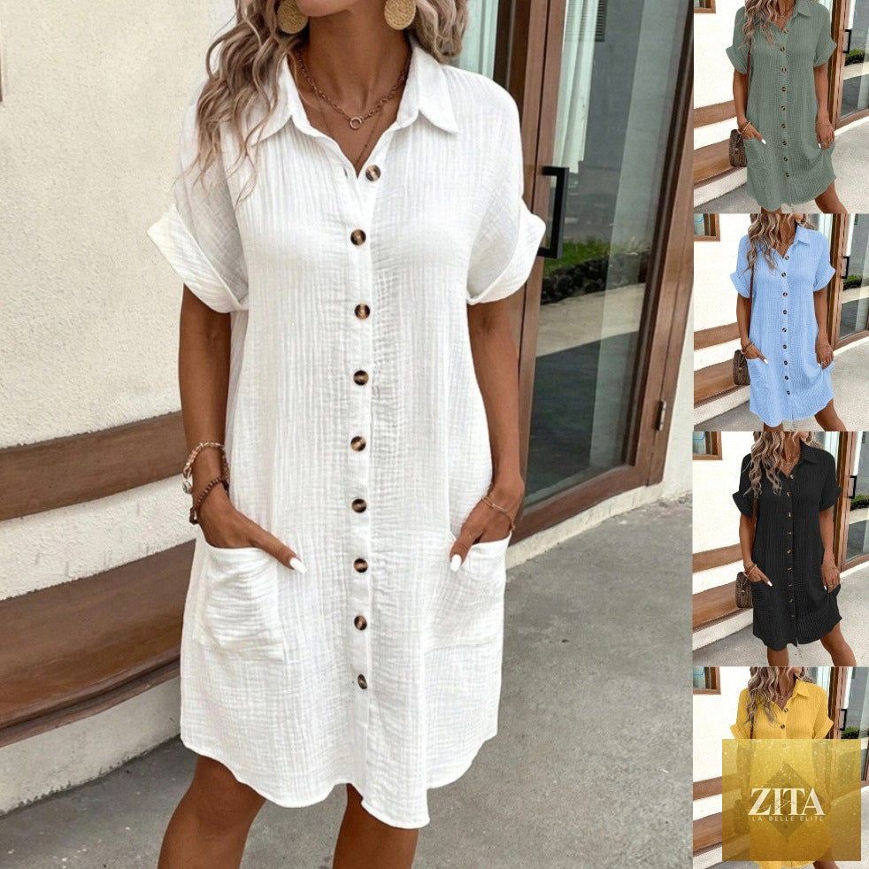 Women's cotton linen V-neck button-front A-line shirt dress by Zita La Belle Elite, featuring a relaxed fit and classic style.