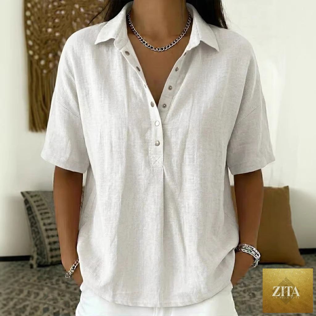Zita La Belle Elite short sleeve button pullover shirt in solid color, women’s top with a classic collar and relaxed fit.