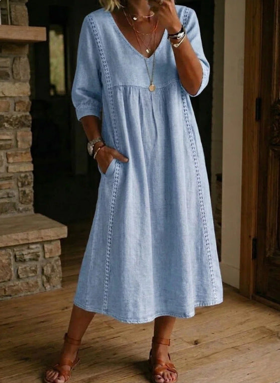 Women's linen cotton V-neck dress with lace trim, loose fit, available in 7 colors, casualwear by FitiqueFit.