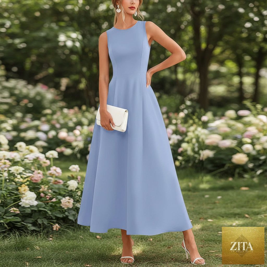 Women's slim-fit long vest dress by Zita La Belle Elite, sleeveless A-line high-waist casualwear, shown on a model.