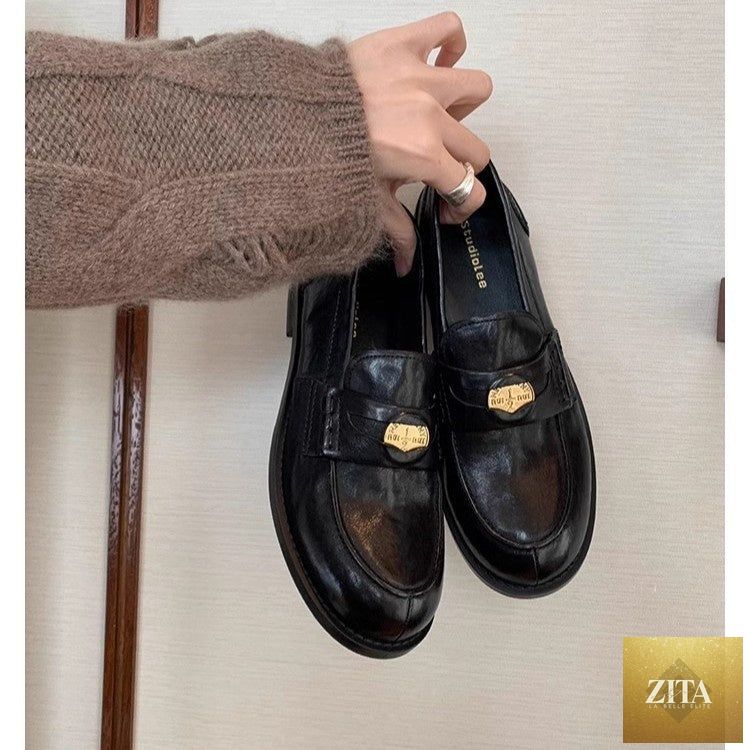 Women's British-Style Gold Coin Loafers by FitiqueFit featuring block heel, leather slip-on footwear with decorative gold coins.