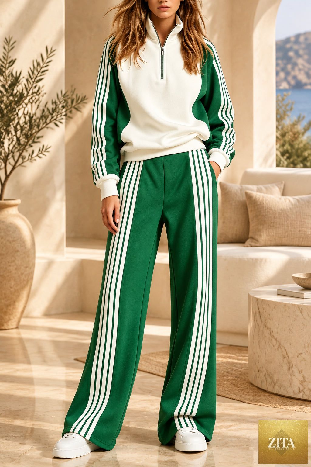 Women's Three-Stripe Colour-Block Half-Zip Sweatshirt & Wide-Leg Track Trouser Set