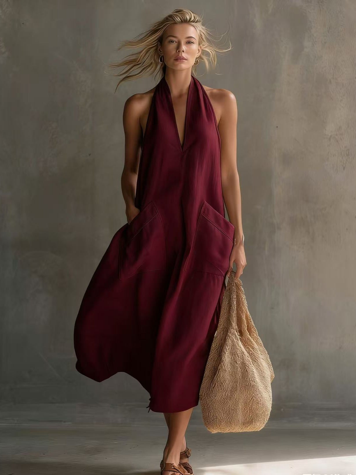 Women's retro V-neck slip dress by FitiqueFit, loose fit sleeveless casualwear in soft fabric, perfect for relaxed styling.