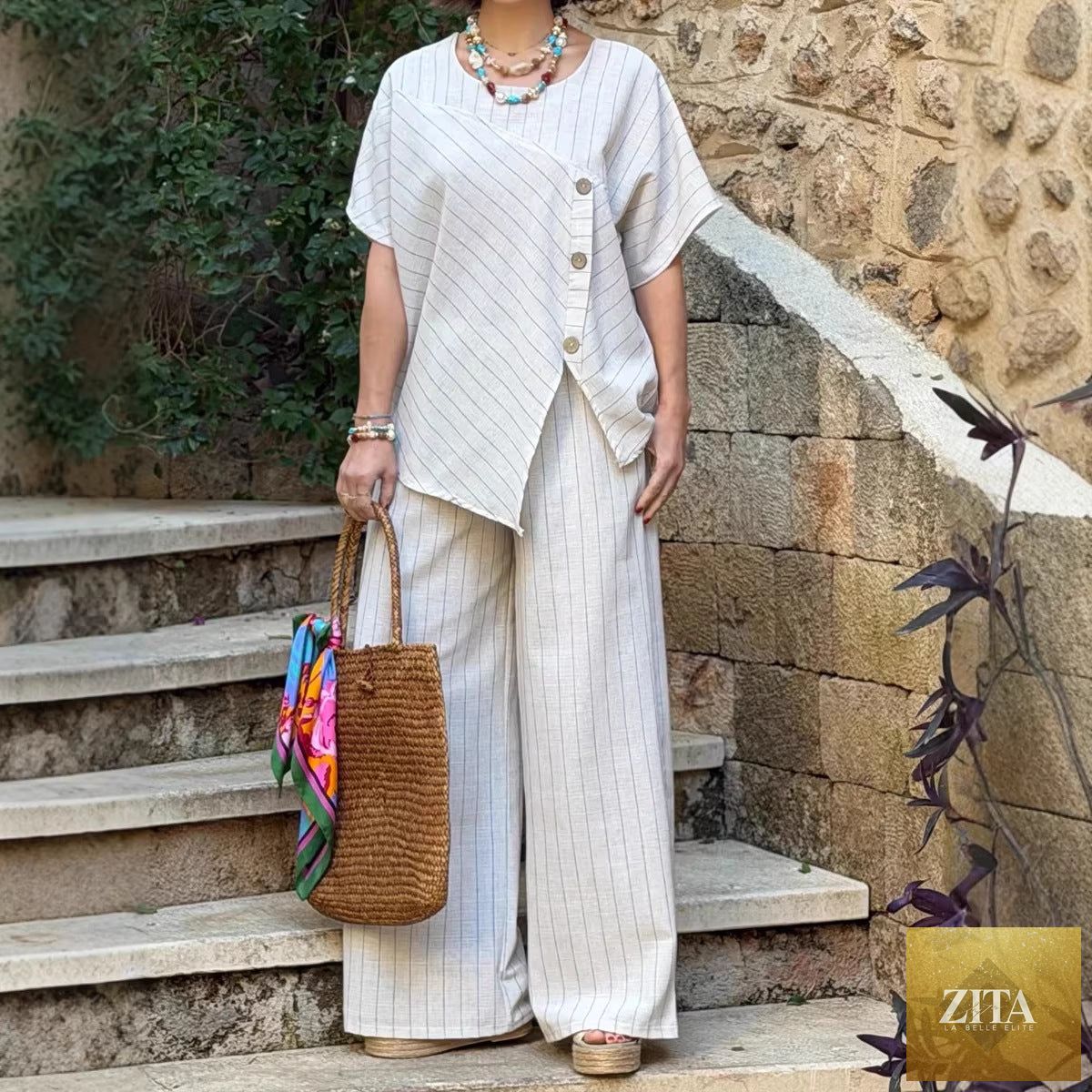 Zita La Belle Elite striped shirt and loose pants set, casualwear, three-quarter sleeves, two-piece outfit displayed on model.