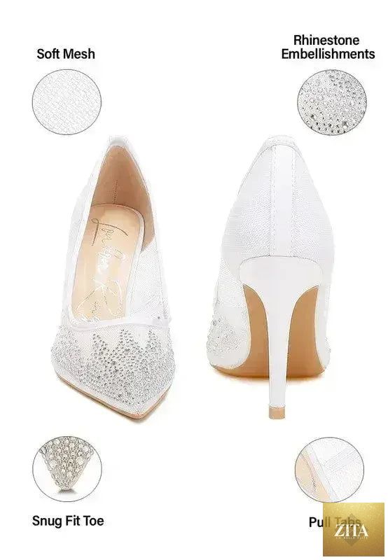Zita La Belle Elite high ball mesh rhinestone stiletto pumps showing sparkling rhinestones and sleek black mesh design.