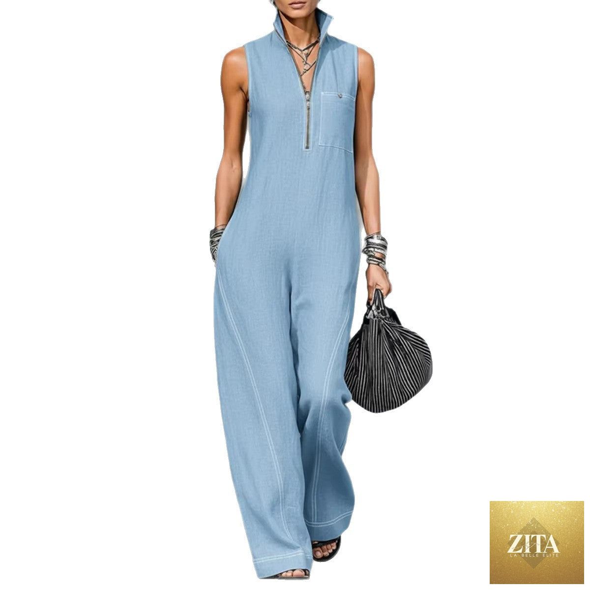 LadyShow women's summer sleeveless jumpsuit with stand-up collar and pockets, casual and stylish for warm weather wear.