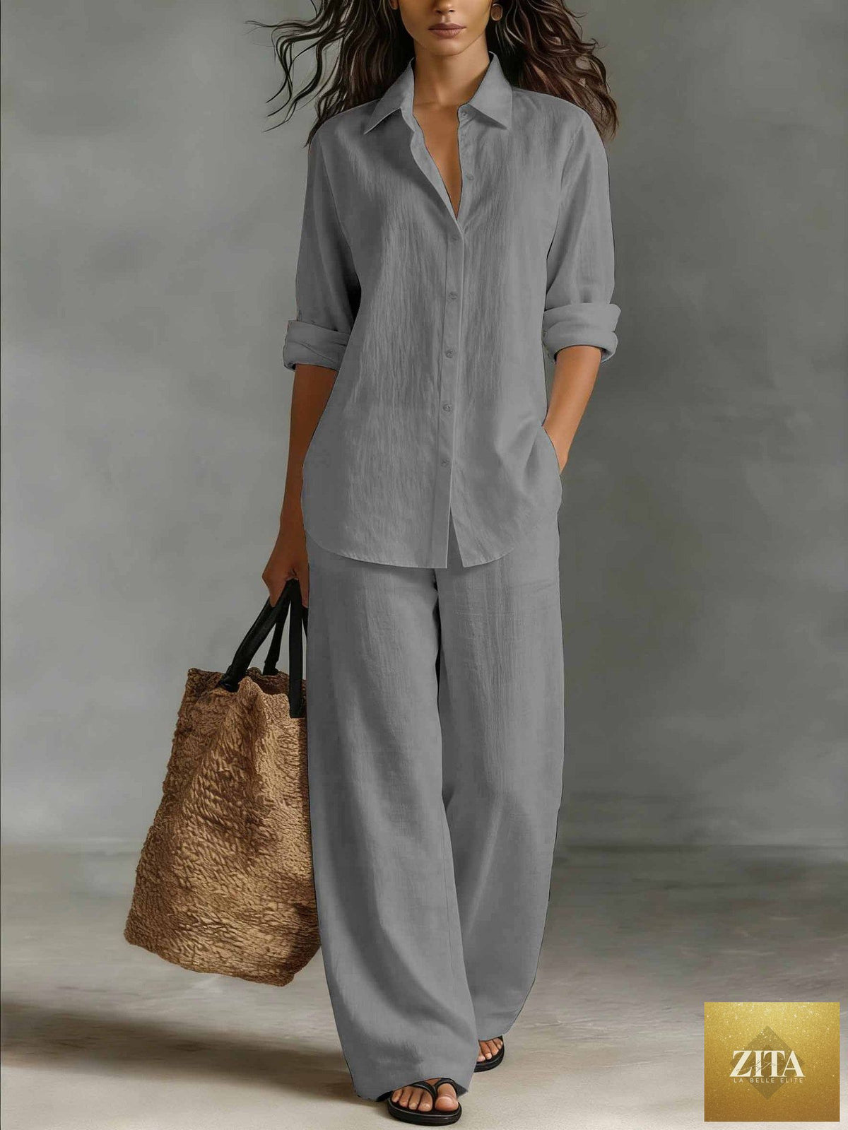 Women's bohemian cotton-linen top and pants set by Zita La Belle Elite, featuring relaxed casualwear for resort or lounge wear.