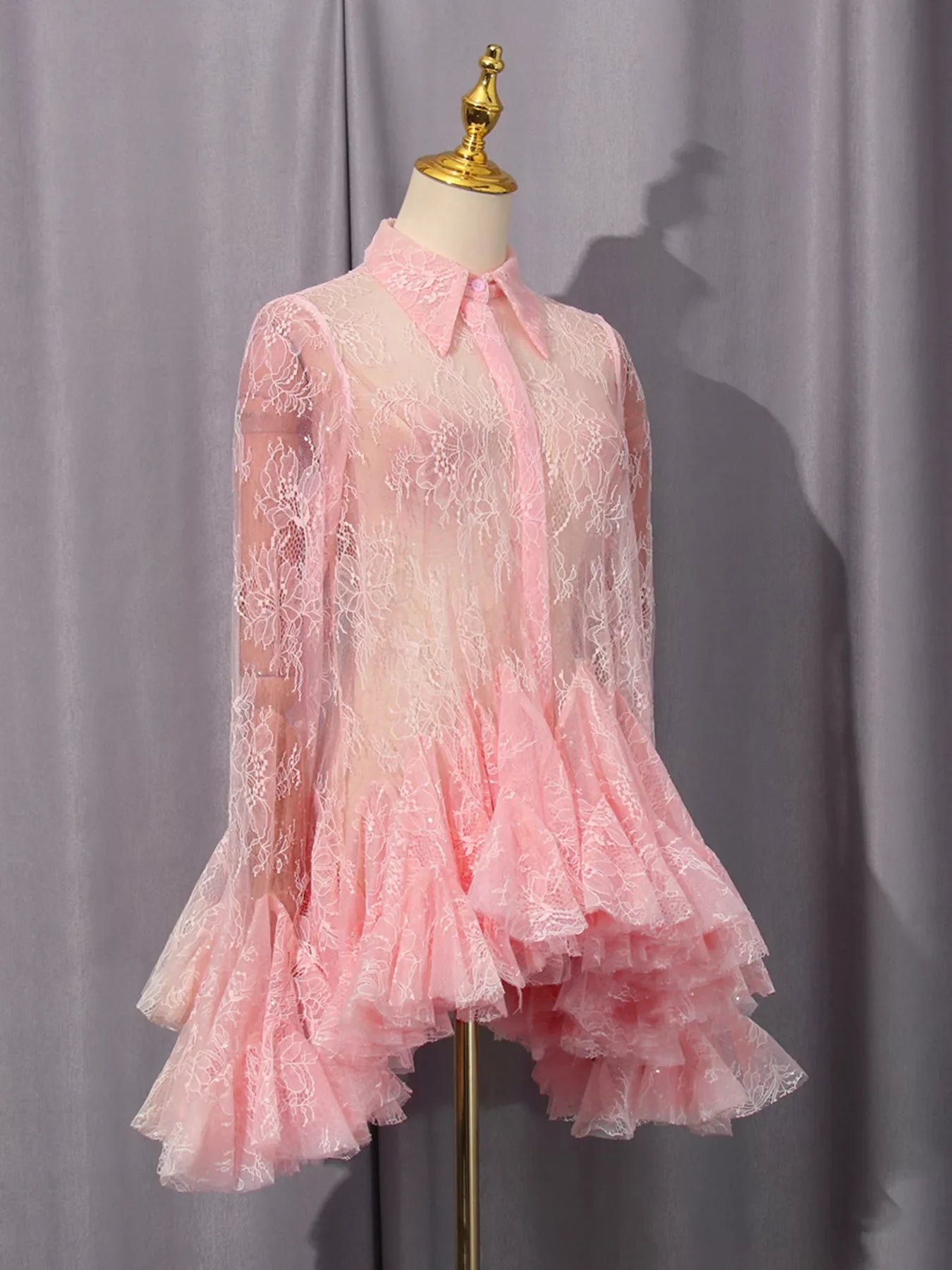 Lace long sleeve dress with ruffled hem in soft fabric, stylish and elegant, by Shopiebay.