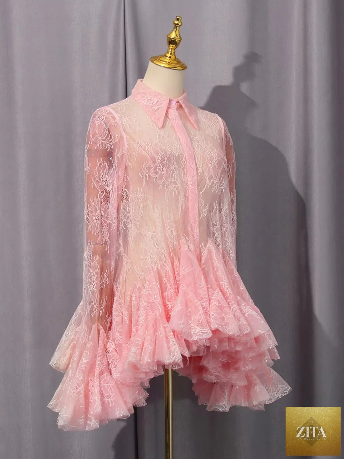 Lace long sleeve dress with ruffled hem in soft fabric, stylish and elegant, by Shopiebay.