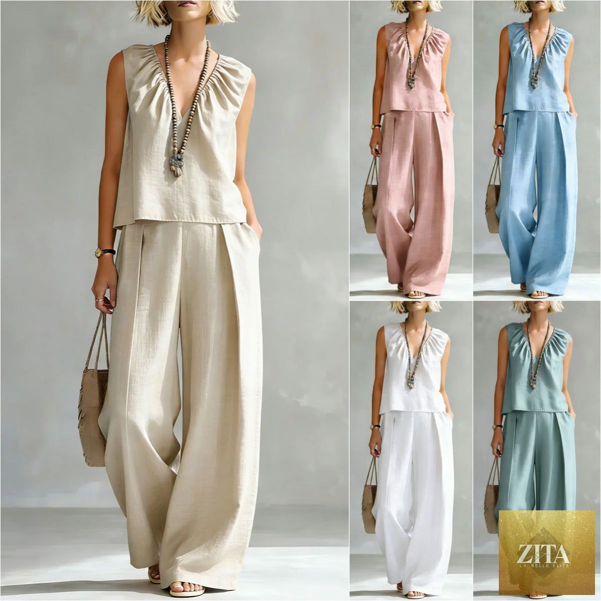 Women's sleeveless cotton-linen casual shirt and pants set by FitiqueFit, featuring a relaxed fit and breathable fabric.