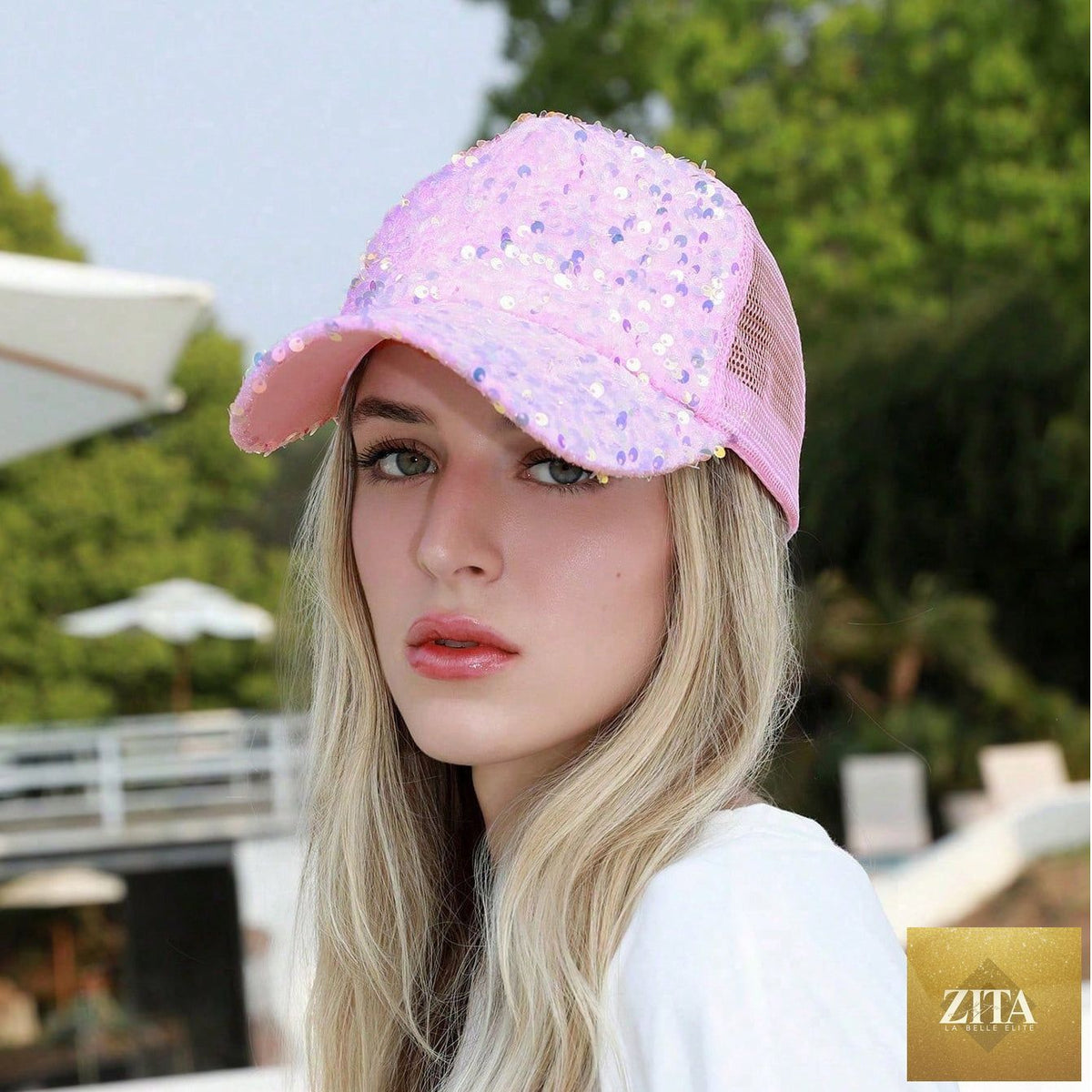 Sequin-embroidered mesh baseball cap with sunshade by Zita La Belle Elite, breathable trendy hat for sun protection and style.