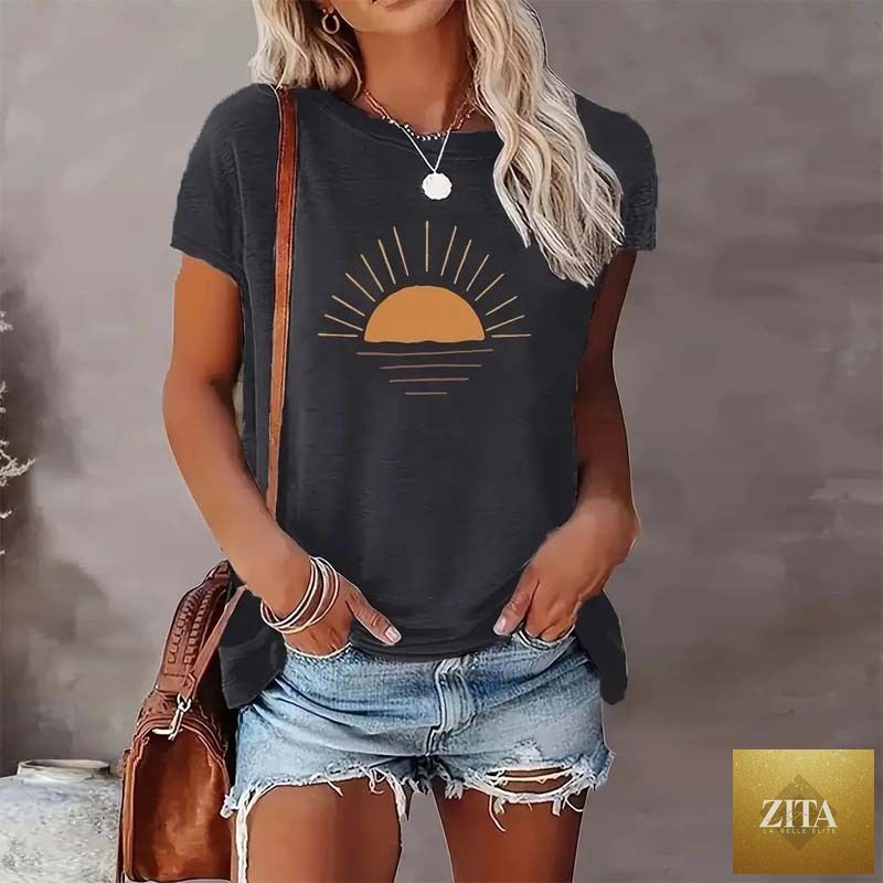 Zita La Belle Elite Sunrise Print round neck T-shirt, casualwear with vibrant sunrise graphic on soft fabric.