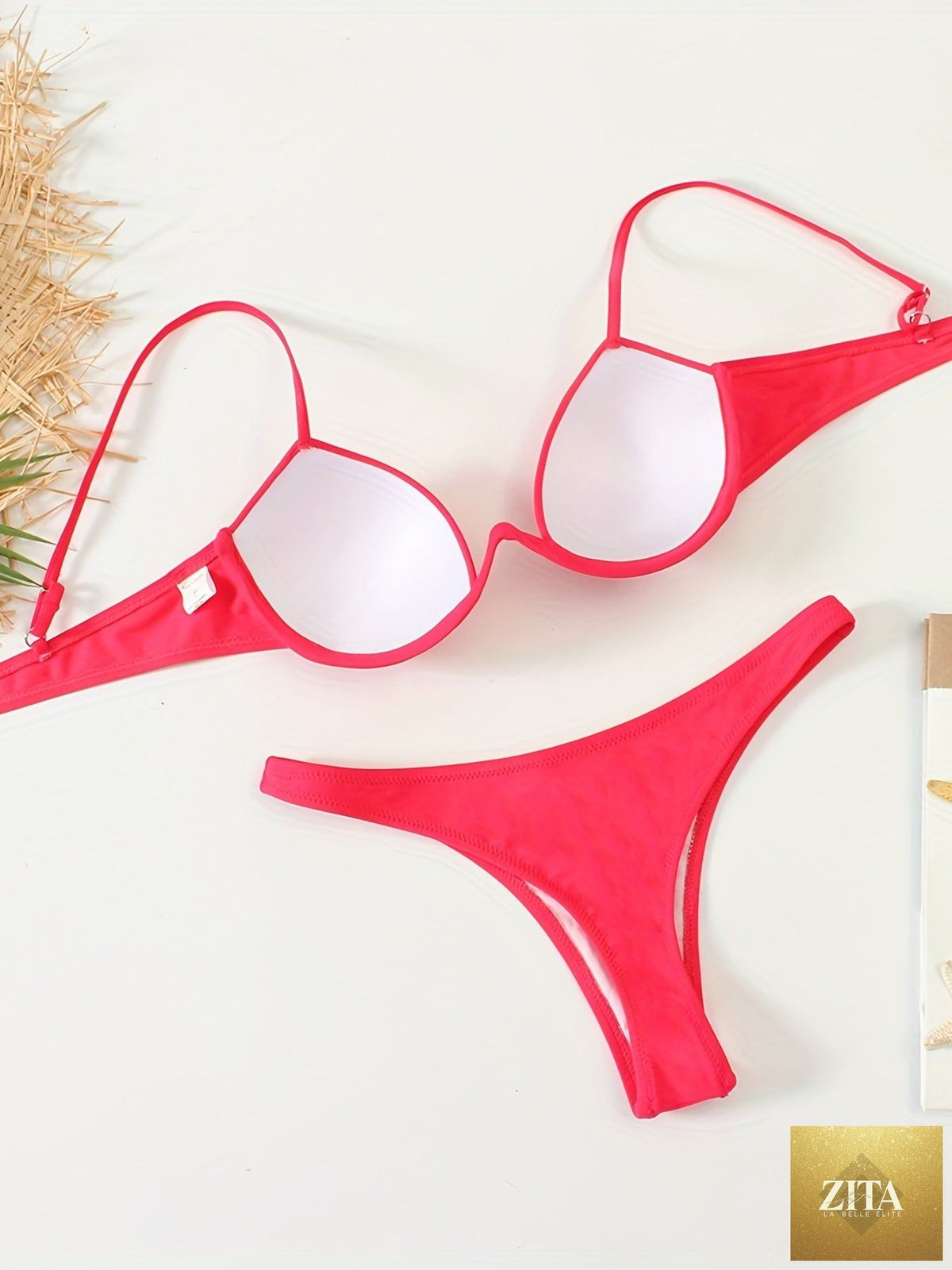 Vibrant solid color Stevvex bikini swimsuit with push-up underwire, high cut bottoms, off-the-shoulder style, perfect for beach and pool.
