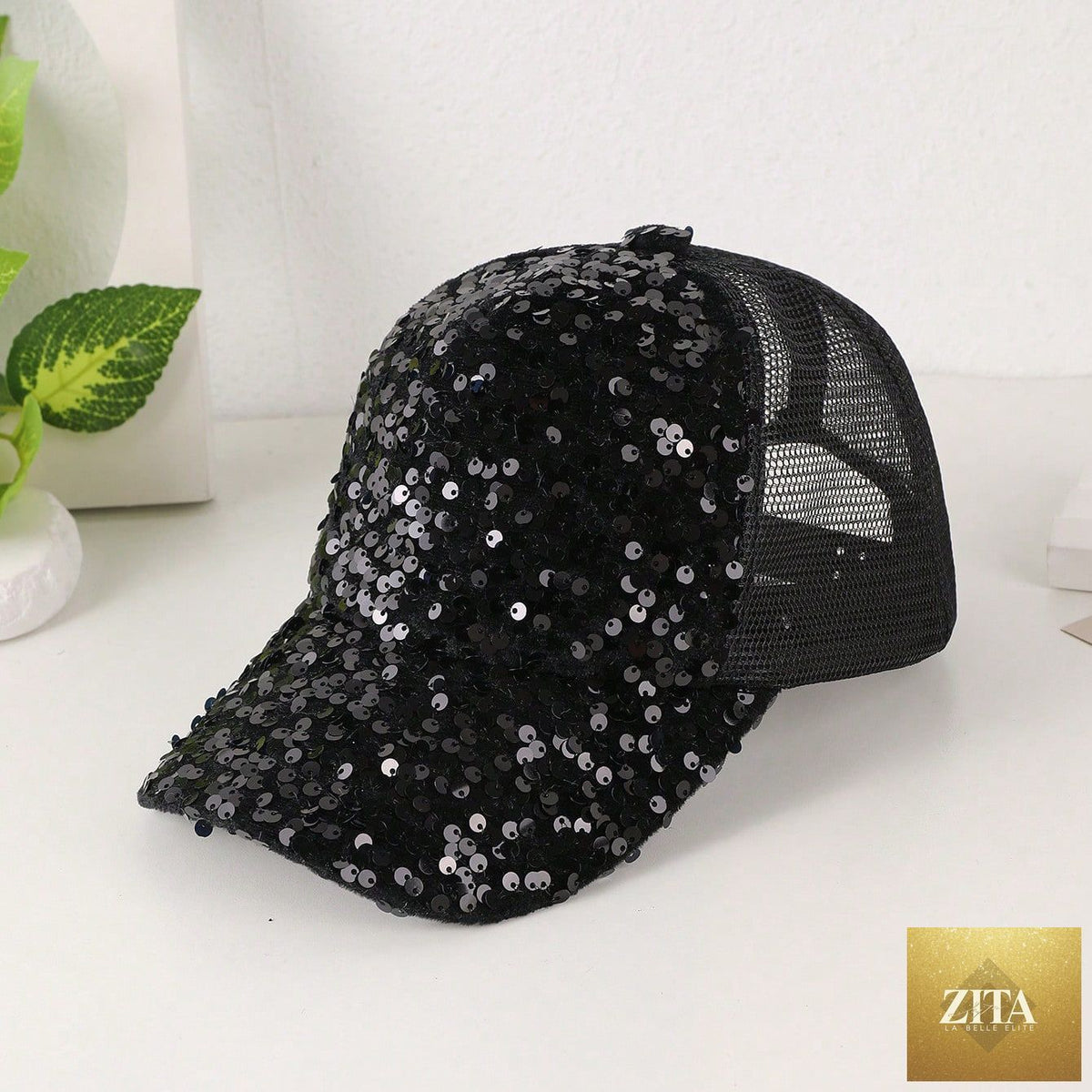 Sequin-embroidered mesh baseball cap with sunshade by Zita La Belle Elite, featuring breathable design and trendy style.