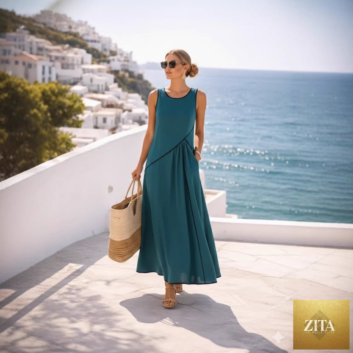 Mediterranean contrast color vacation dress by FitiqueFit in multiple colors, casualwear, displayed in various styles and sizes.