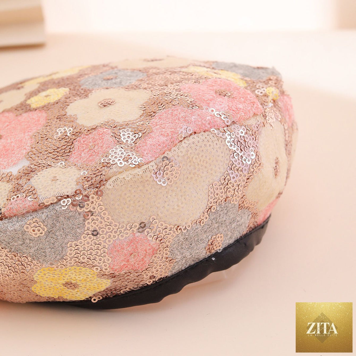 Sequin flower beret by Zita La Belle Elite, trendy painter's hat featuring colorful sequins, perfect for outdoor and everyday style.