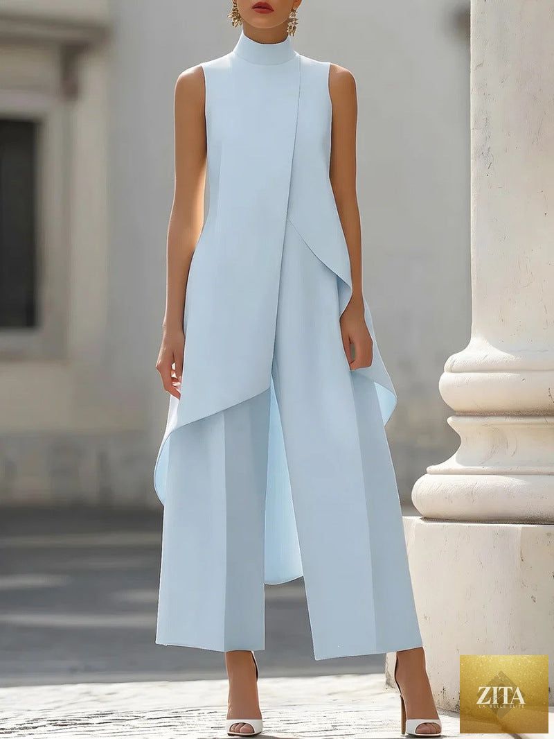 Women's Mock Turtleneck Sleeveless Asymmetric Cascade Drape Longline Top & Wide-Leg Cropped Trouser Set