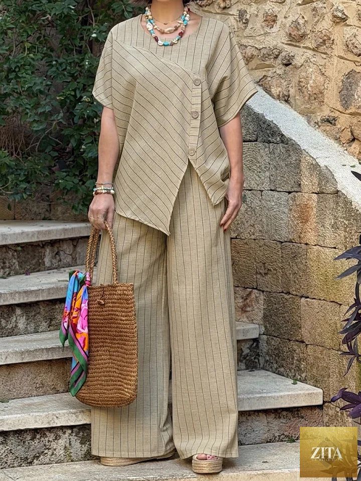 Zita La Belle Elite casualwear striped shirt and loose pants set with three-quarter sleeves, styled for a relaxed look.