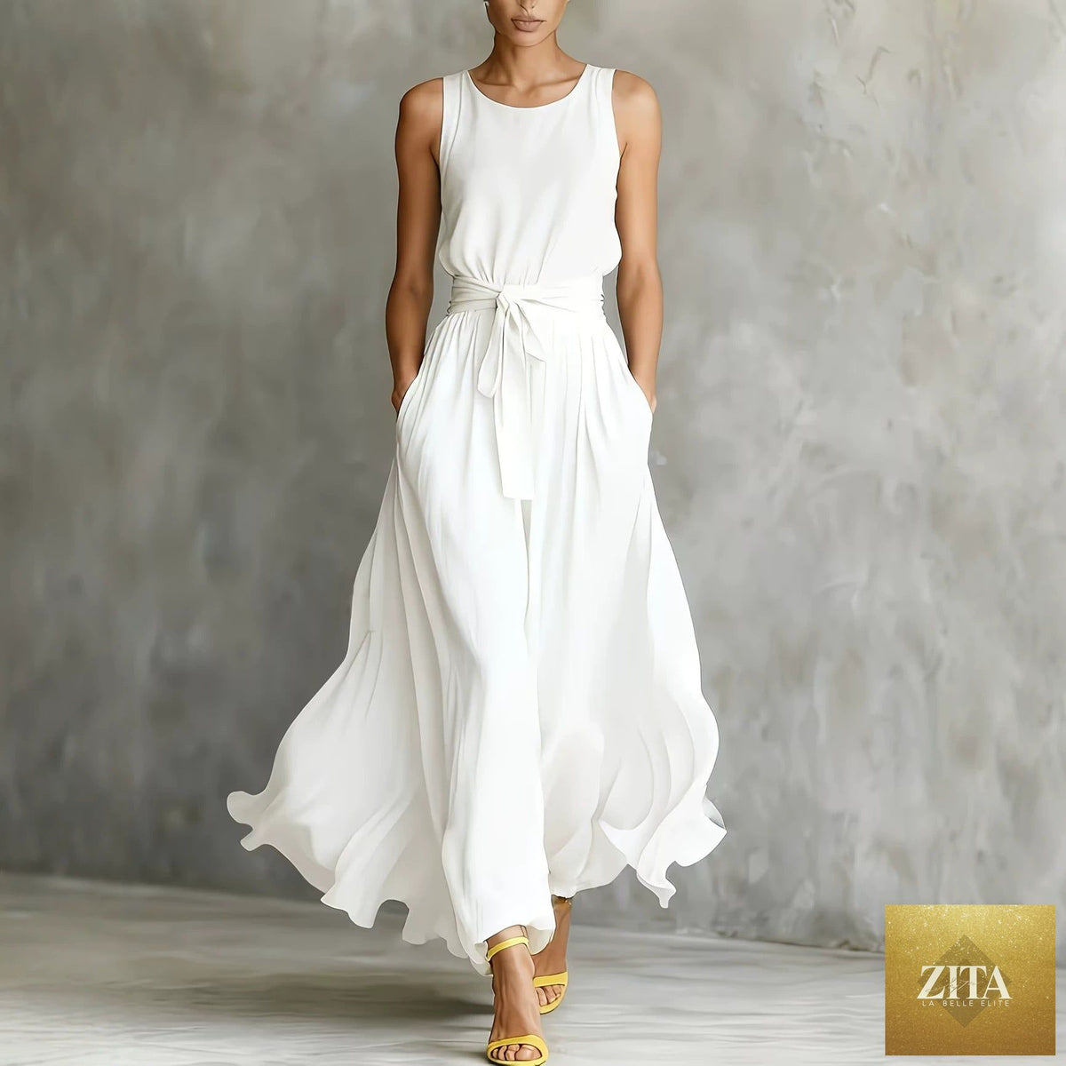 Women's lace-up waist-cinching sleeveless maxi dress by Zita La Belle Elite, featuring a fitted bodice and flowing skirt.