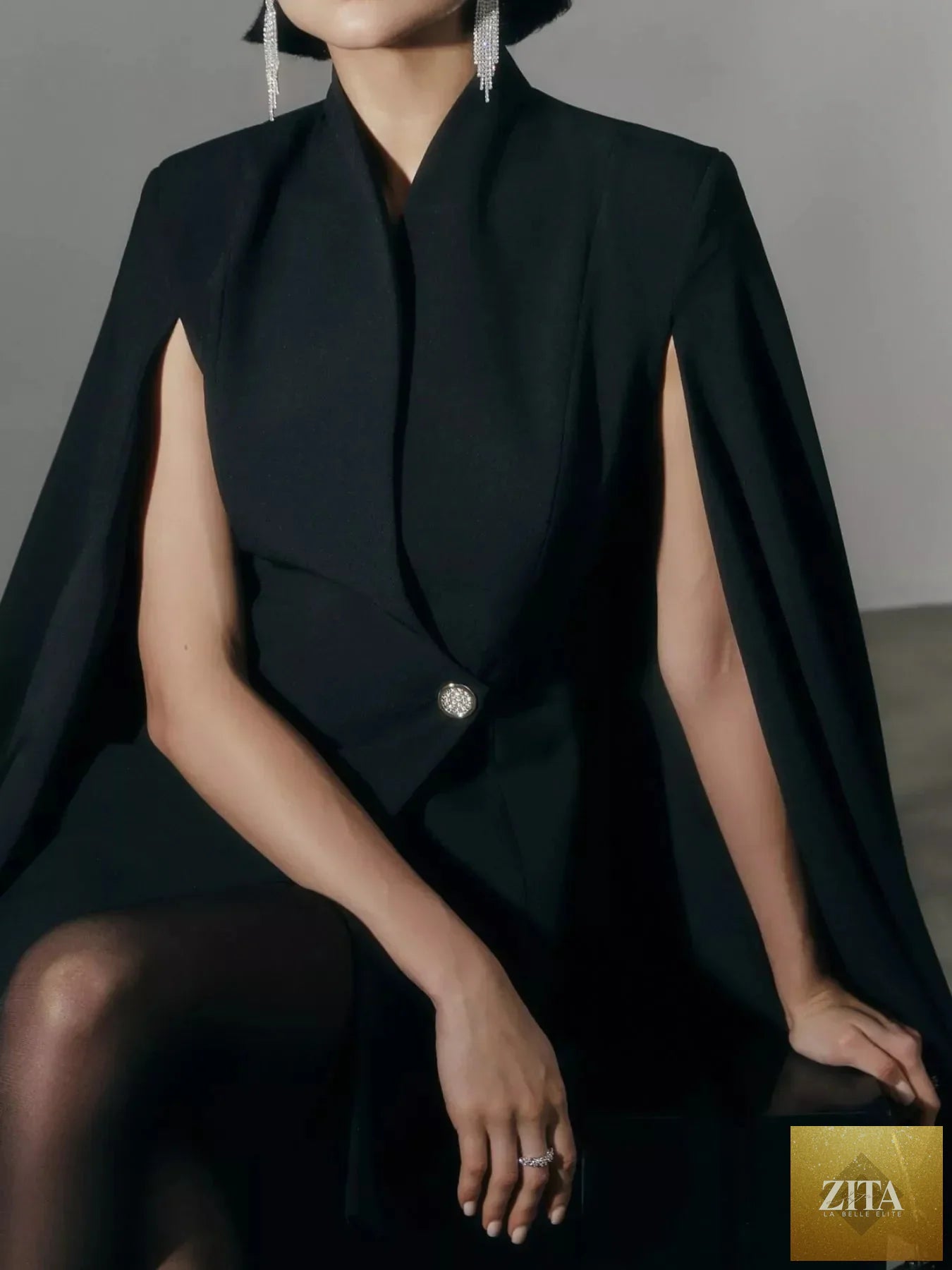 Shopiebay fitted mini blazer dress with one button closure and cape sleeves, stylish and tailored for a chic look.