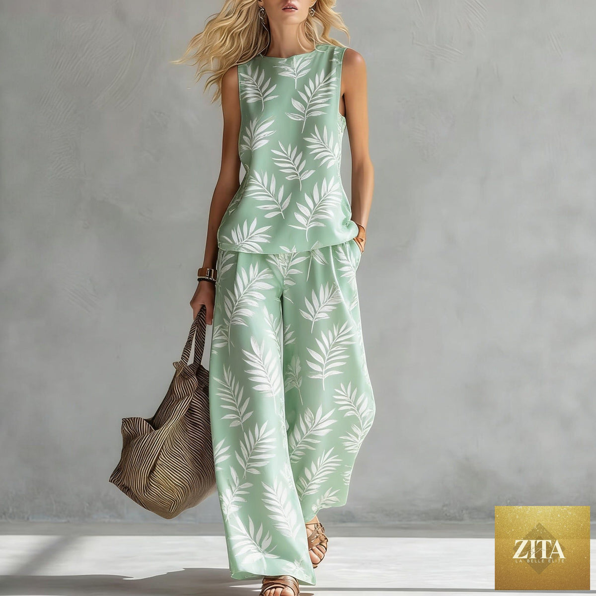 Zita La Belle Elite women's sleeveless printed tank top and wide-leg pants two-piece casualwear set, displayed on a model.
