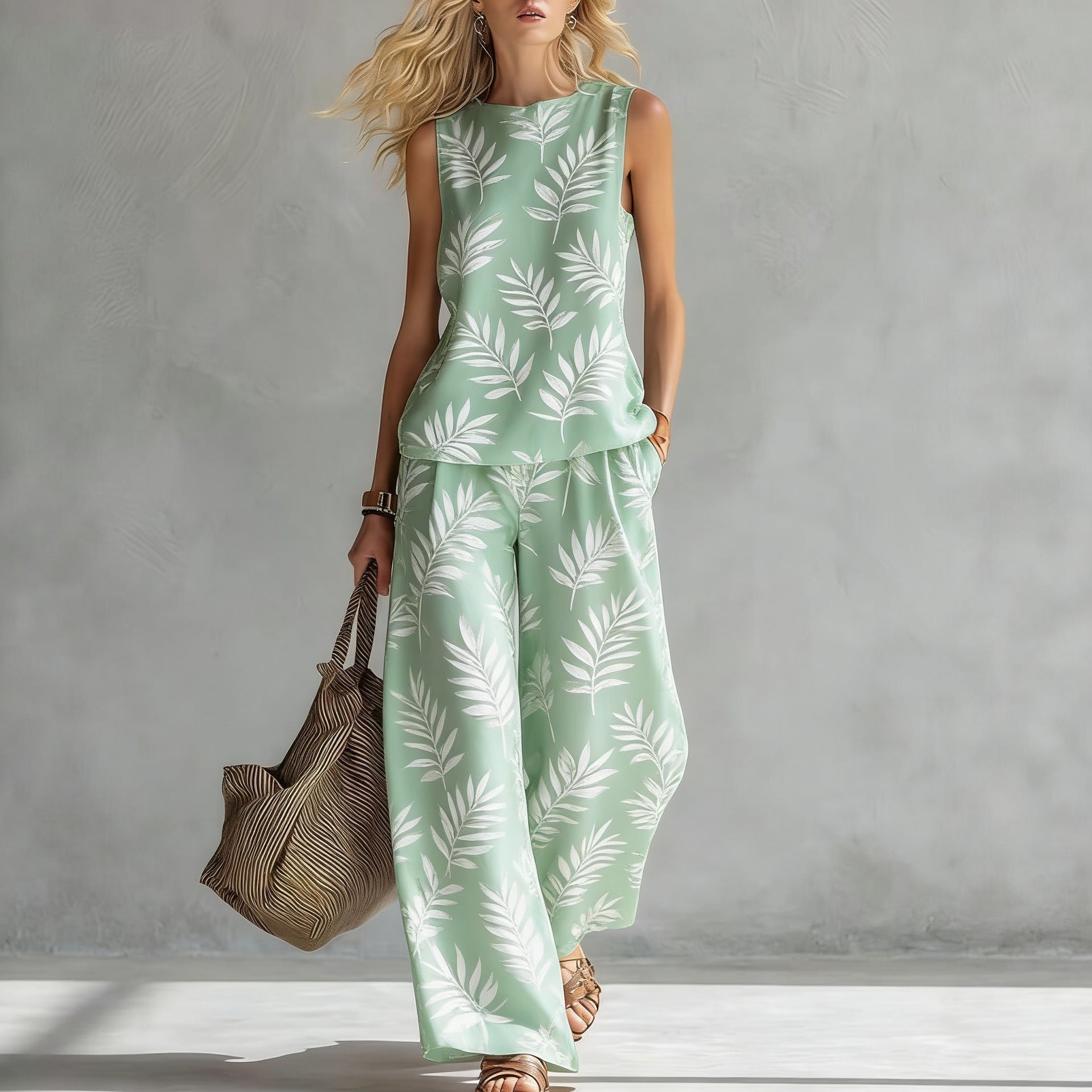 Women's sleeveless printed tank top and wide-leg pants two-piece casualwear set by FitiqueFit, featuring a stylish, comfortable design.