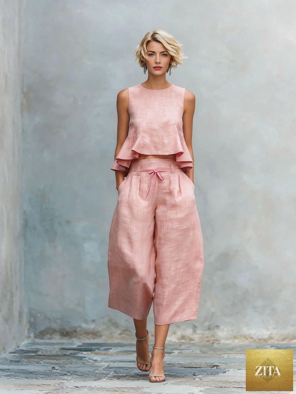 Women’s linen-blend sleeveless two-piece casual set with ruffled detailing by Zita La Belle Elite, shown on a model.