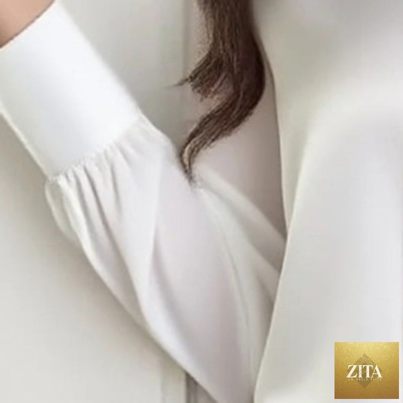 Women's lightweight FitiqueFit blouse with ribbon detail, casual business casual shirt ideal for stylish, comfortable wear.