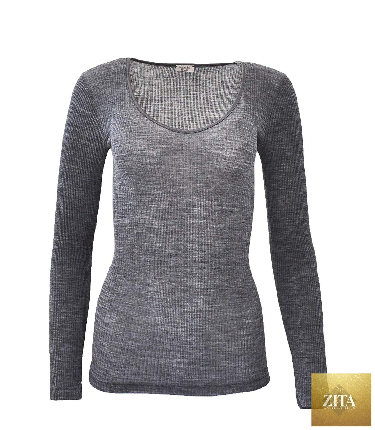 Tittimitti EGi luxury wool silk long sleeve top with satin trim, made in Italy, shown in a stylish close-up image.