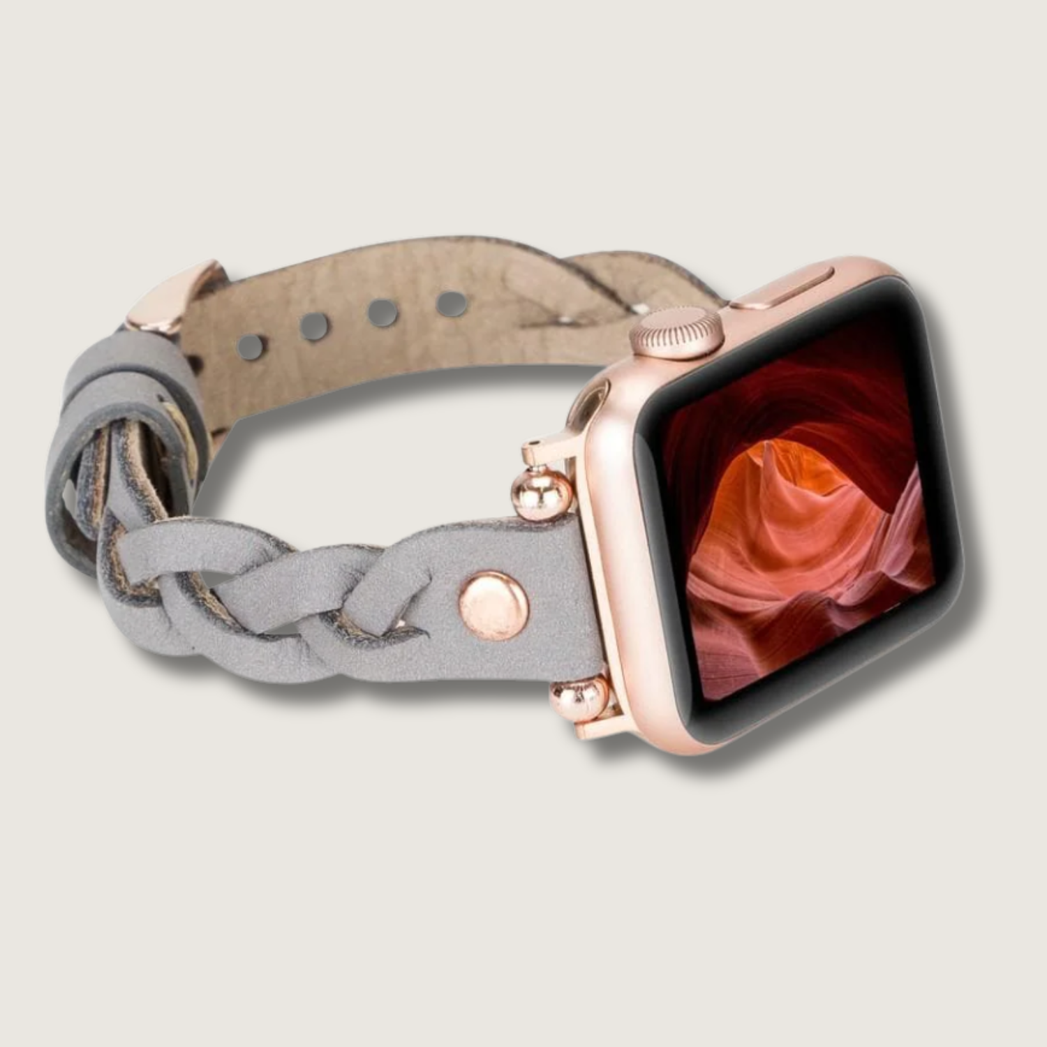 Leather Apple Watch braided band in grey by LEATHERE, featuring a stylish woven design for a comfortable fit.