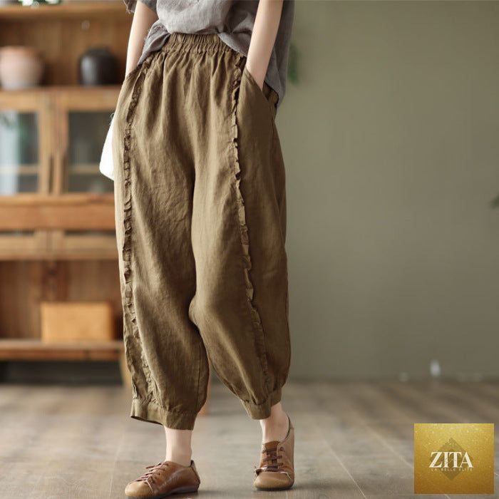 Women's high-waist solid-color harem capri pants by Zita La Belle Elite, casualwear with a relaxed fit and comfortable fabric.