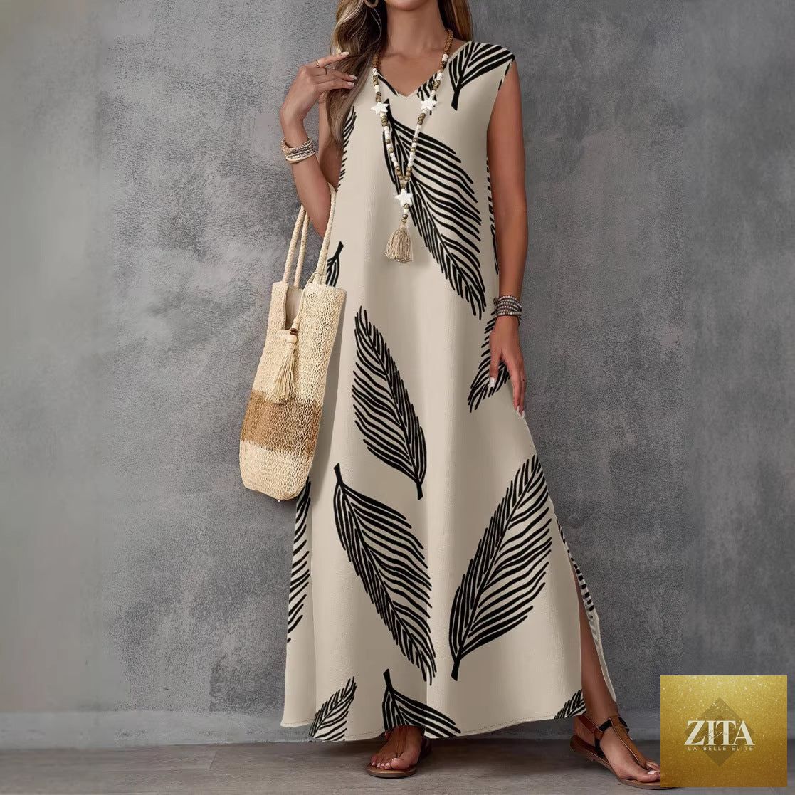 Printed V-neck sleeveless high-waist maxi dress by FitiqueFit in three colors, featuring a flowy design and elegant style.