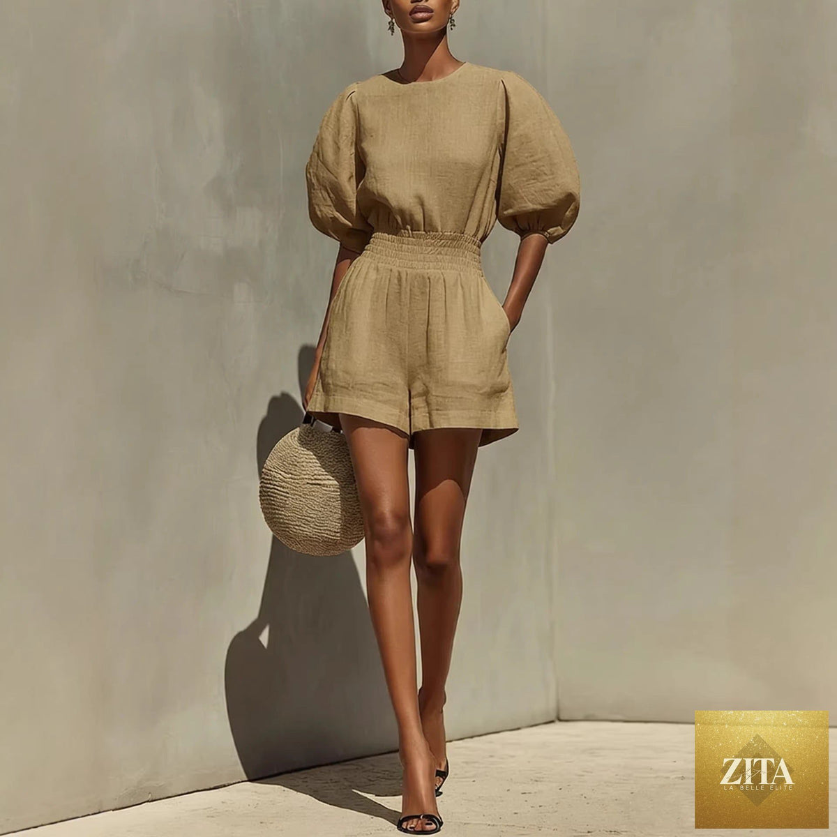 Women's puff-sleeve top and cropped shorts set by Zita La Belle Elite, casual chic casualwear outfit, styled for everyday wear