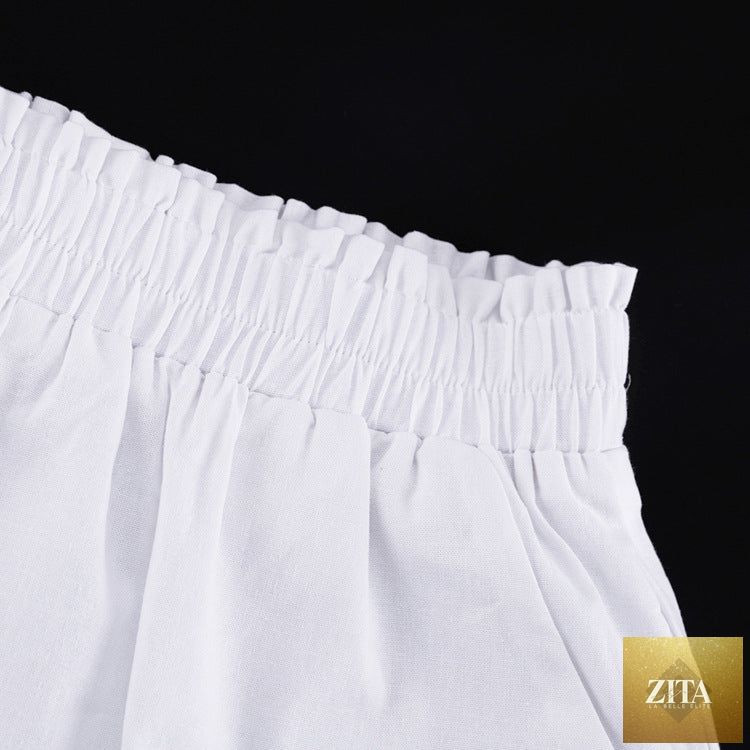 Women's ruffled linen-blend cropped blouse and shorts set by Zita La Belle Elite, featuring ruffle details and a relaxed fit.
