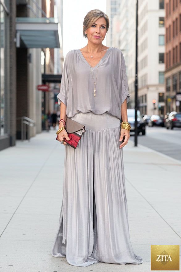 Solid-color chiffon two-piece casualwear set by FitiqueFit, featuring a relaxed top and matching wide-leg pants in multiple colors.