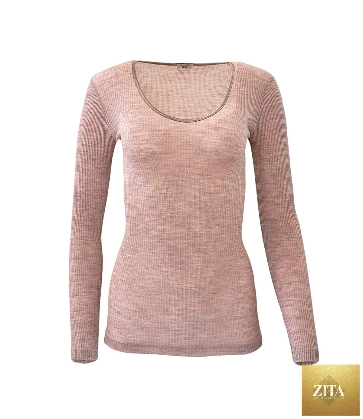 Tittimitti EGi luxury wool silk long sleeve top with satin trim, made in Italy, showcasing elegant fabric and stylish design.