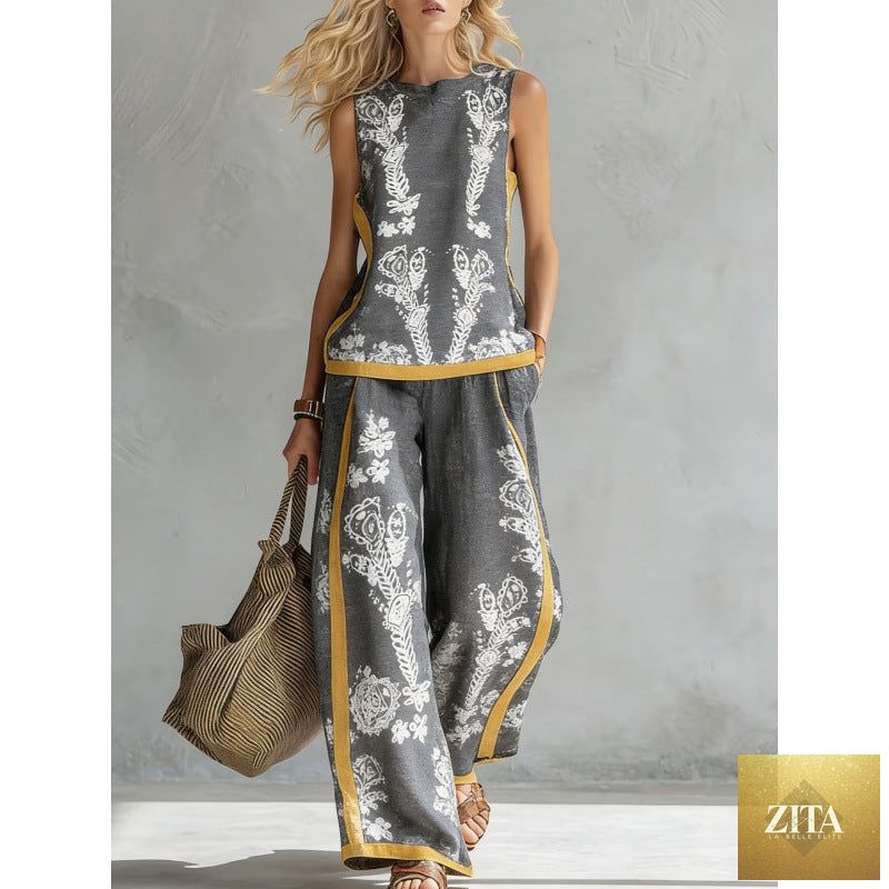 Printed retro sleeveless top and wide-leg pants two-piece set by FitiqueFit, featuring vibrant prints and comfortable fit.