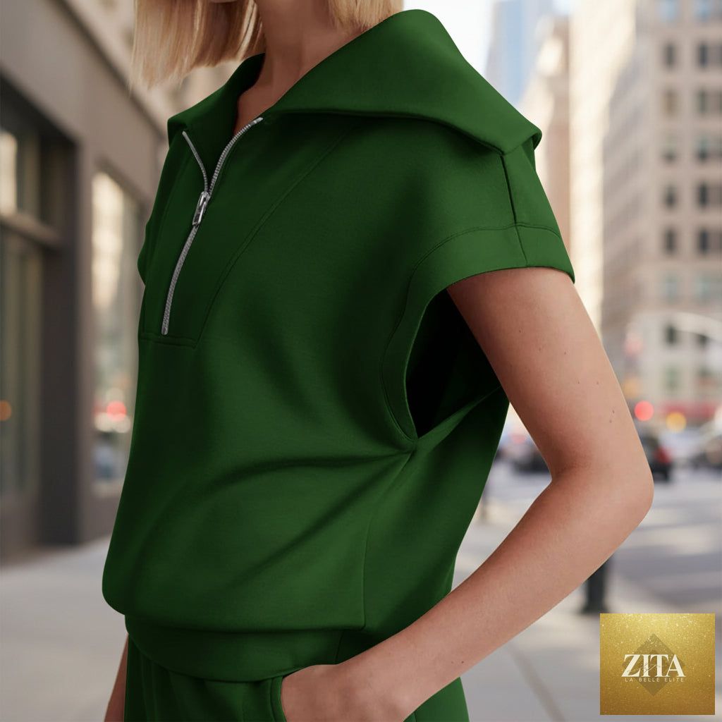 FitiqueFit half-zip lapel sweatshirt and shorts two-piece set in various colors, casual activewear for comfortable style.