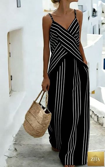Women's striped V-neck sleeveless two-piece casualwear set by FitiqueFit, featuring a fitted top and matching skirt or shorts.