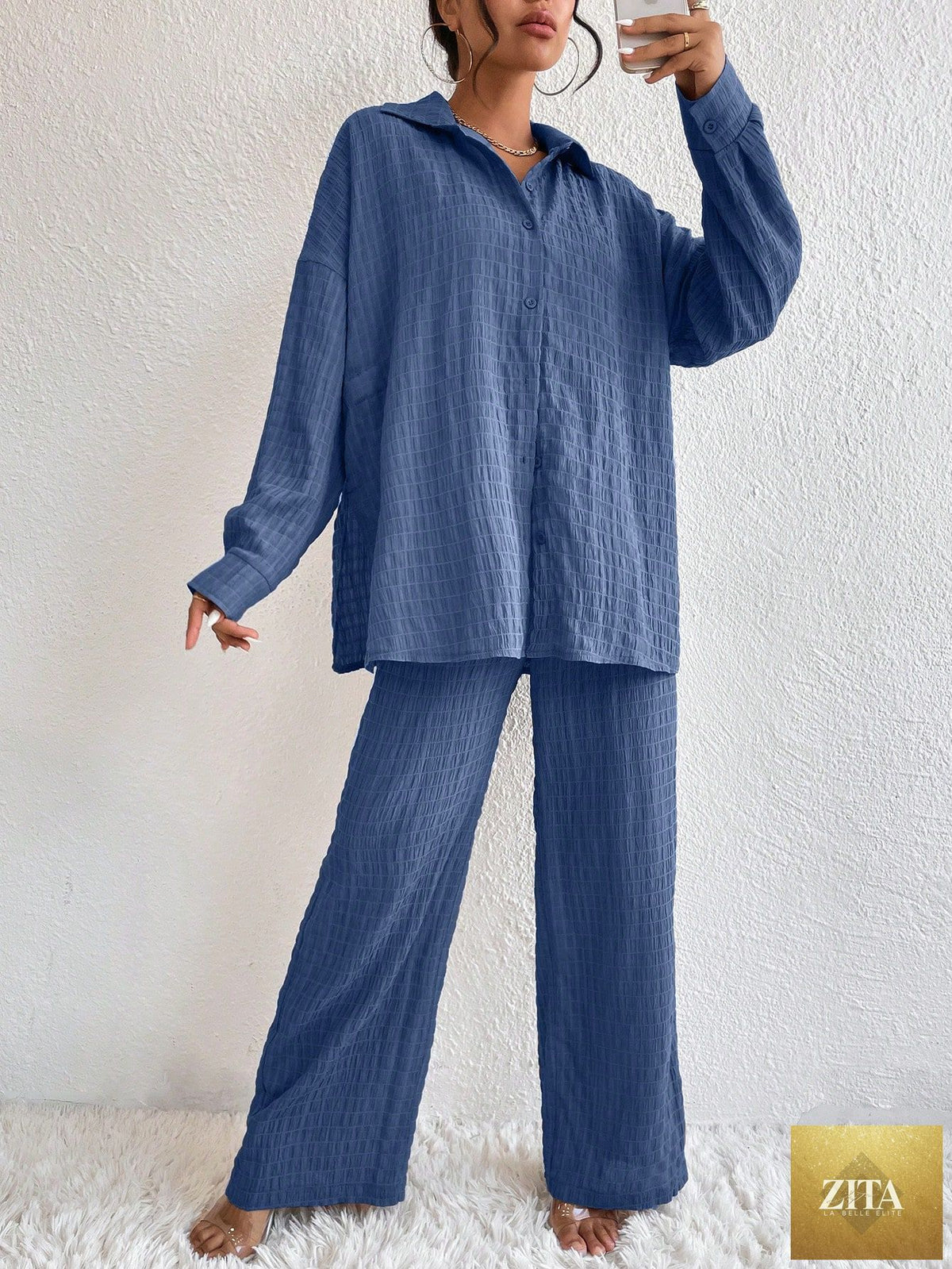 Zita La Belle Elite women's casual two-piece set with pleated long sleeve top and matching pants, stylish and comfortable.