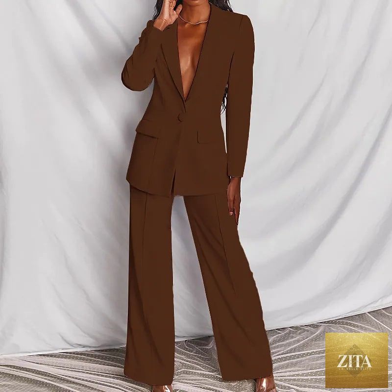FitiqueFit lapel button-down blazer and straight-leg trousers two-piece suit set displayed on a model.