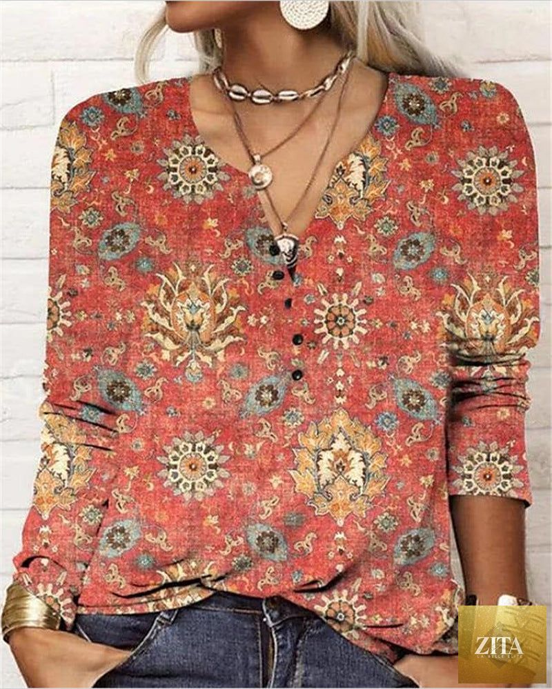 Women's ethnic print V-neck long sleeve casual T-shirt by Zita La Belle Elite, featuring a loose fit and vibrant design.