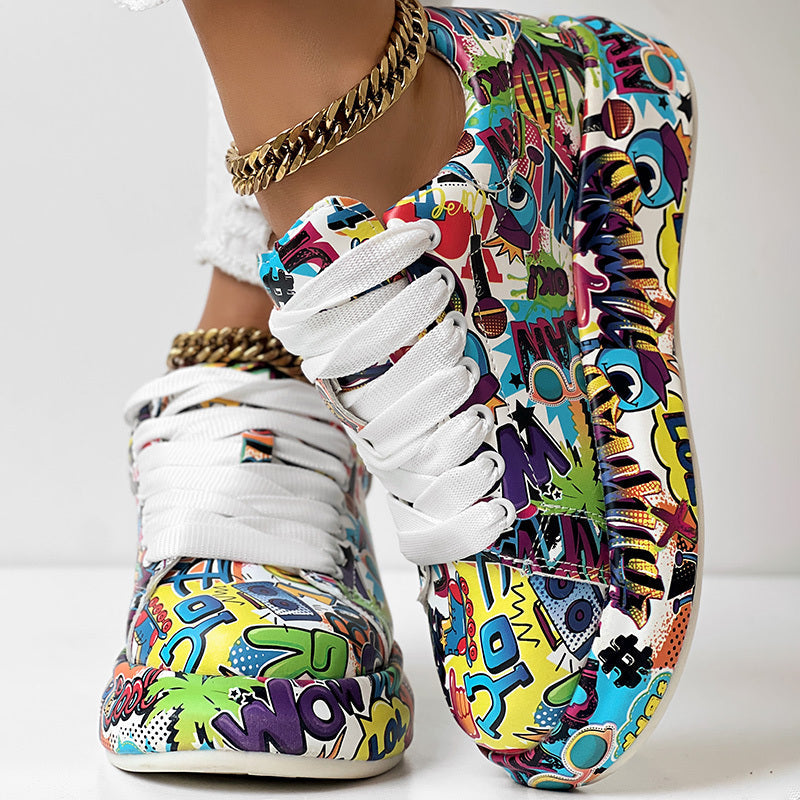 Women’s FitiqueFit round-toe thick-sole lace-up sneakers with casual printed design, showcasing stylish footwear for everyday wear.
