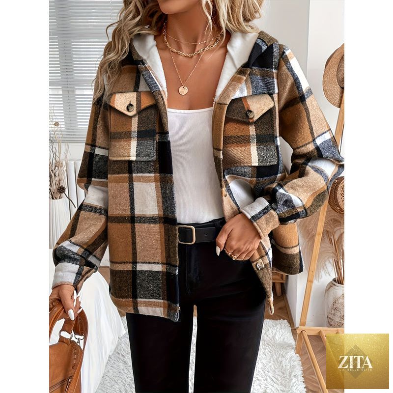 Women's plaid fleece-lined hooded jacket by FitiqueFit, showing the cozy plaid pattern and attached hood.