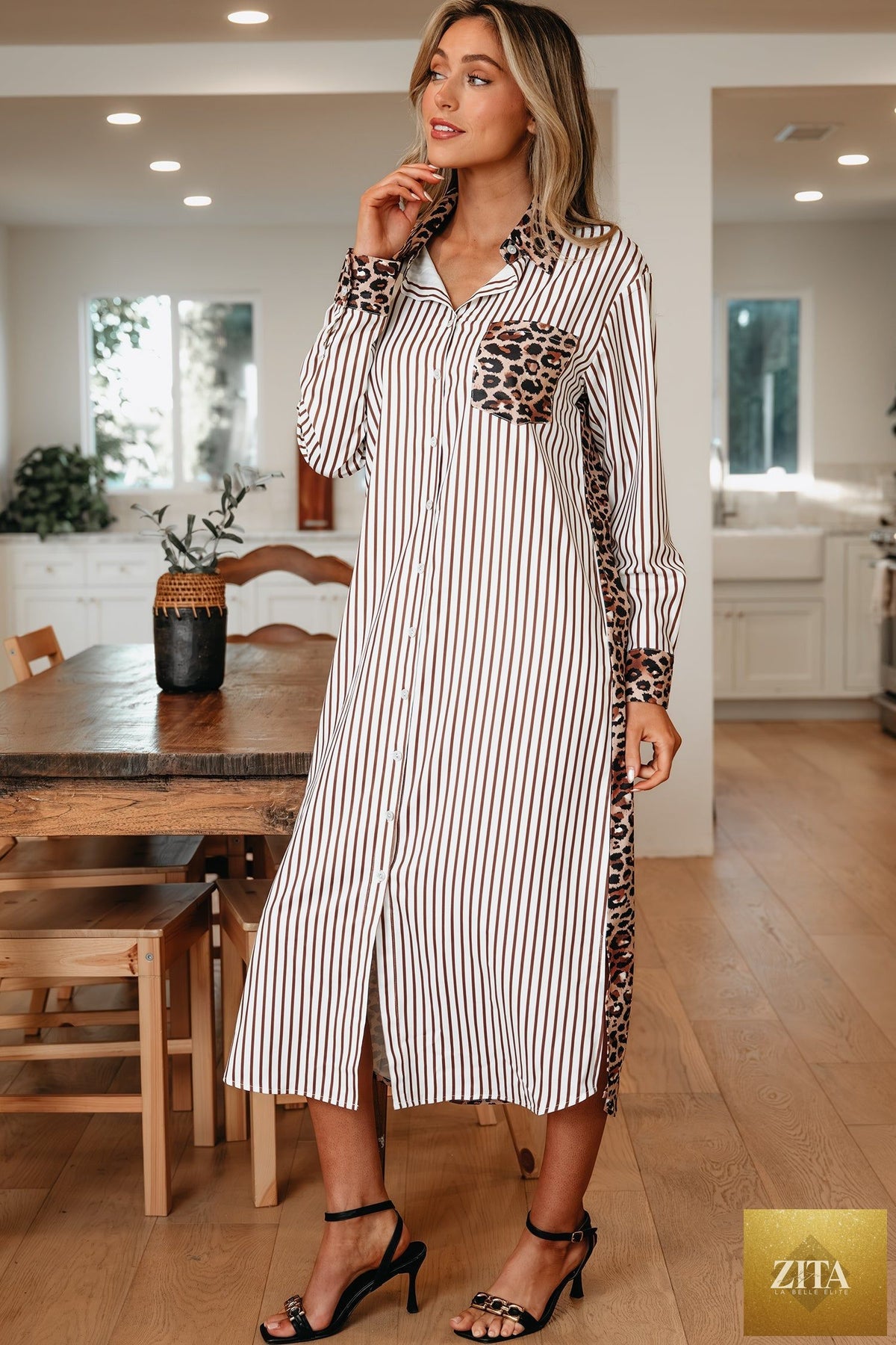 Sky blue stripe contrast leopard patchwork maxi dress with slits, stylish long shirt dress from Wild and Free Boutique.